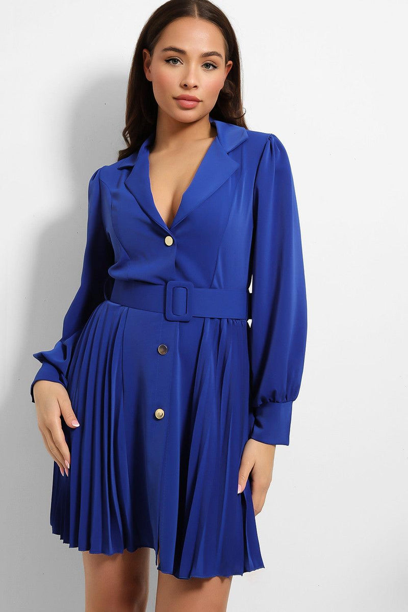 Gold Buttons Belted Pleated Shirt Dress-SinglePrice