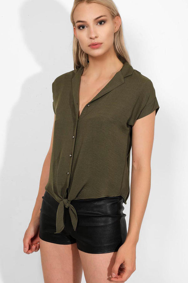 Khaki Knot Front Button Placket Top - SinglePrice