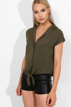 Khaki Knot Front Button Placket Top - SinglePrice