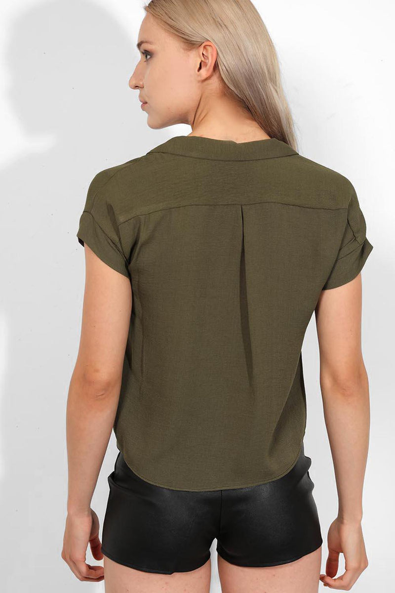 Khaki Knot Front Button Placket Top - SinglePrice