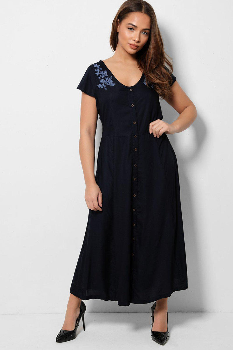 Embroidered Shoulders Navy Maxi Dress-SinglePrice