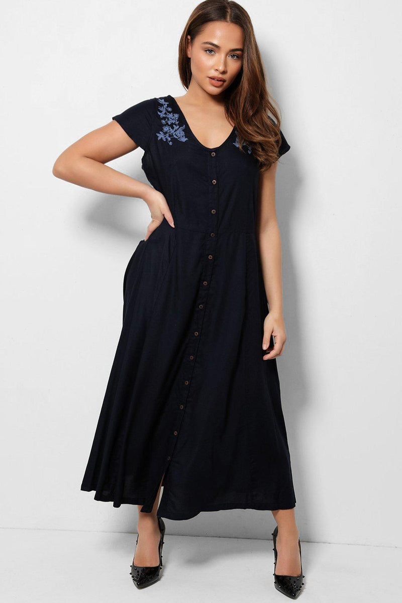 Embroidered Shoulders Navy Maxi Dress-SinglePrice