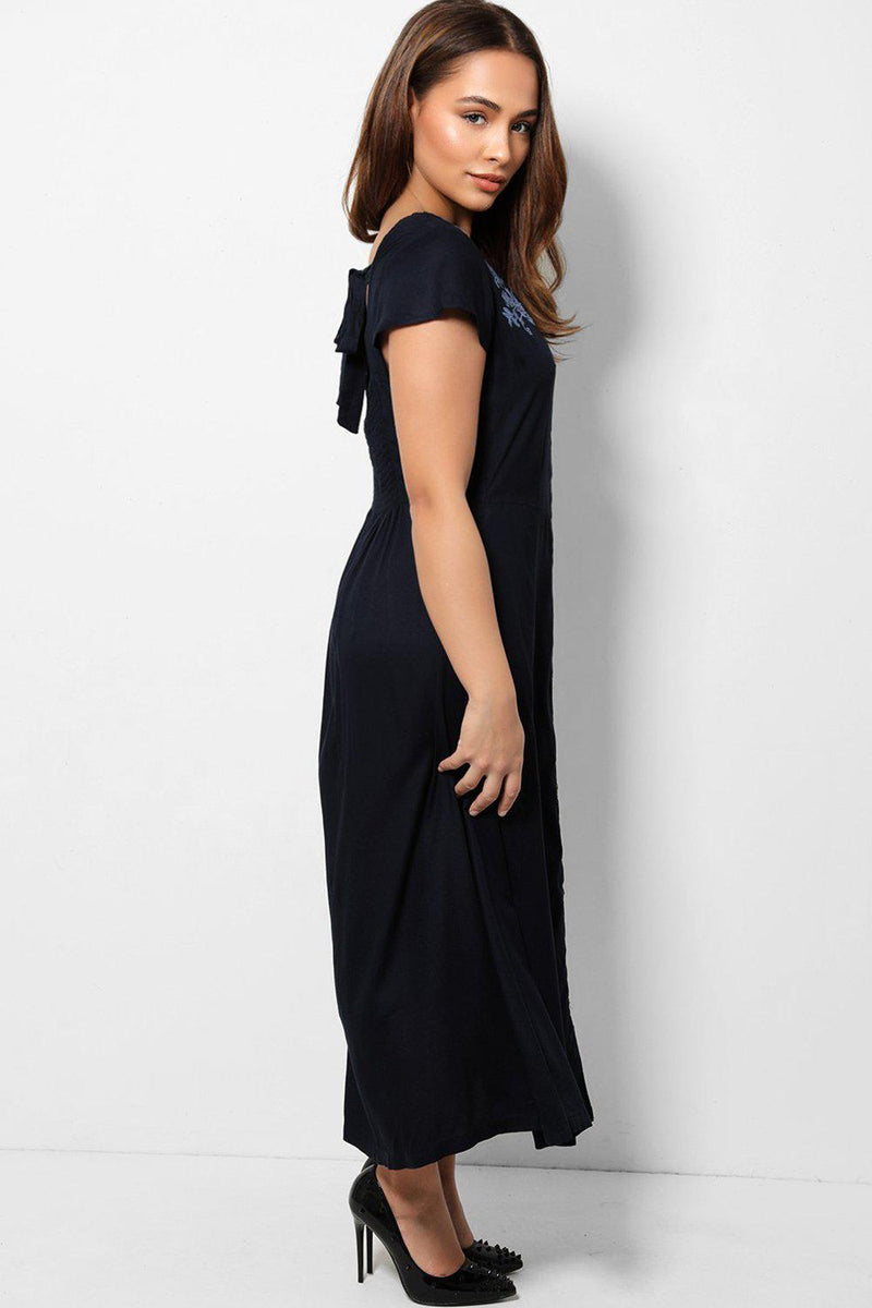 Embroidered Shoulders Navy Maxi Dress-SinglePrice