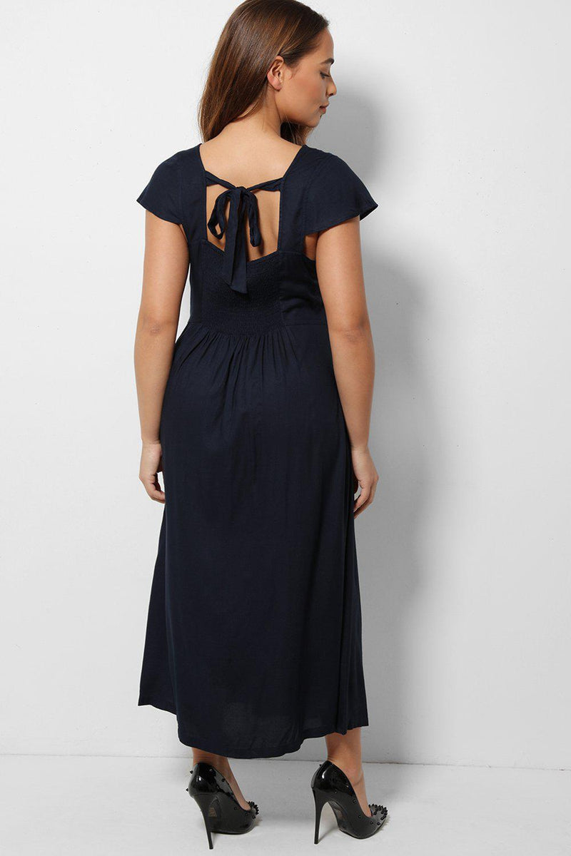 Embroidered Shoulders Navy Maxi Dress-SinglePrice