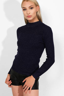 Navy Lurex Knit Sheer Panel High Neck Pullover - SinglePrice