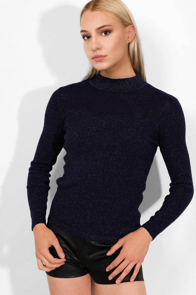 Navy Lurex Knit Sheer Panel High Neck Pullover - SinglePrice