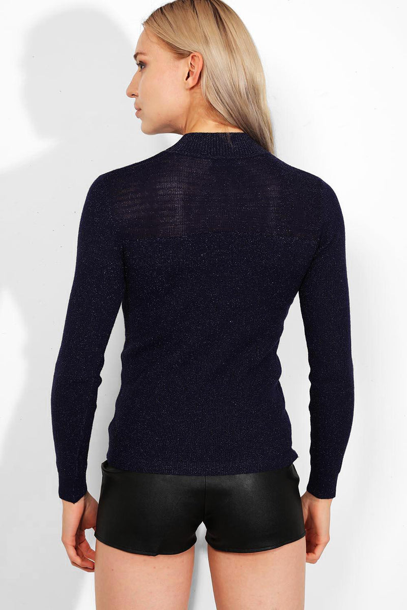 Navy Lurex Knit Sheer Panel High Neck Pullover - SinglePrice