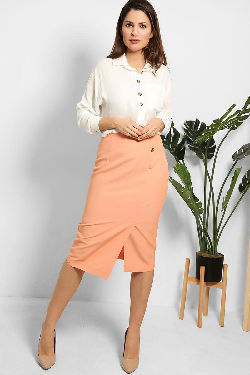 Peach Button Detail Flap Over Midi Dress-SinglePrice