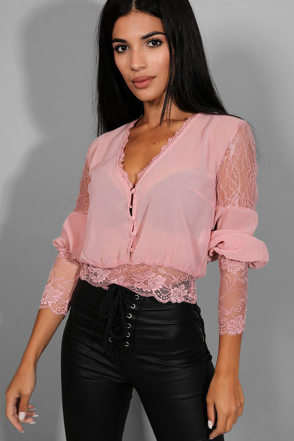 Pink Delicate Lace Panels Sheer Chiffon Crop Top-SinglePrice