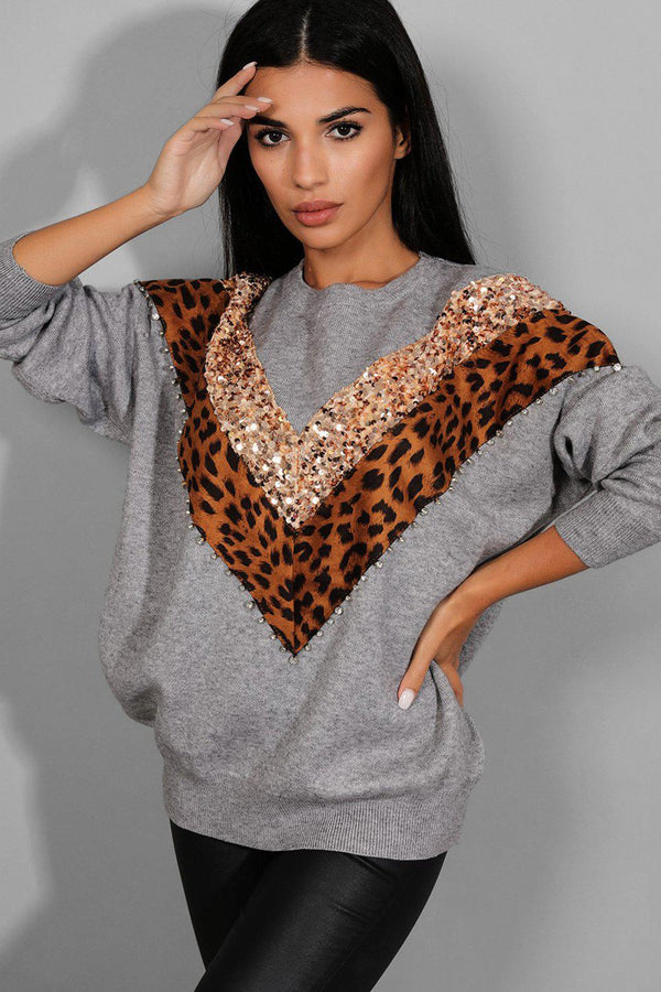 Grey Sequined And Leopard Print Panel Lazy Fit Flat Knit Jumper-SinglePrice
