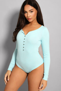 Aqua Faux Button Detail Ribbed Bodysuit-SinglePrice