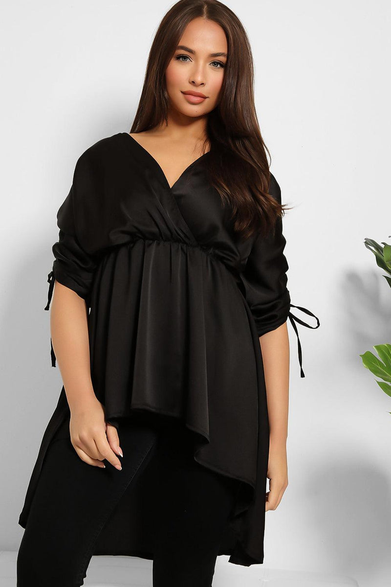 Drawstring Sleeves Hi Low Satin Tunic-SinglePrice