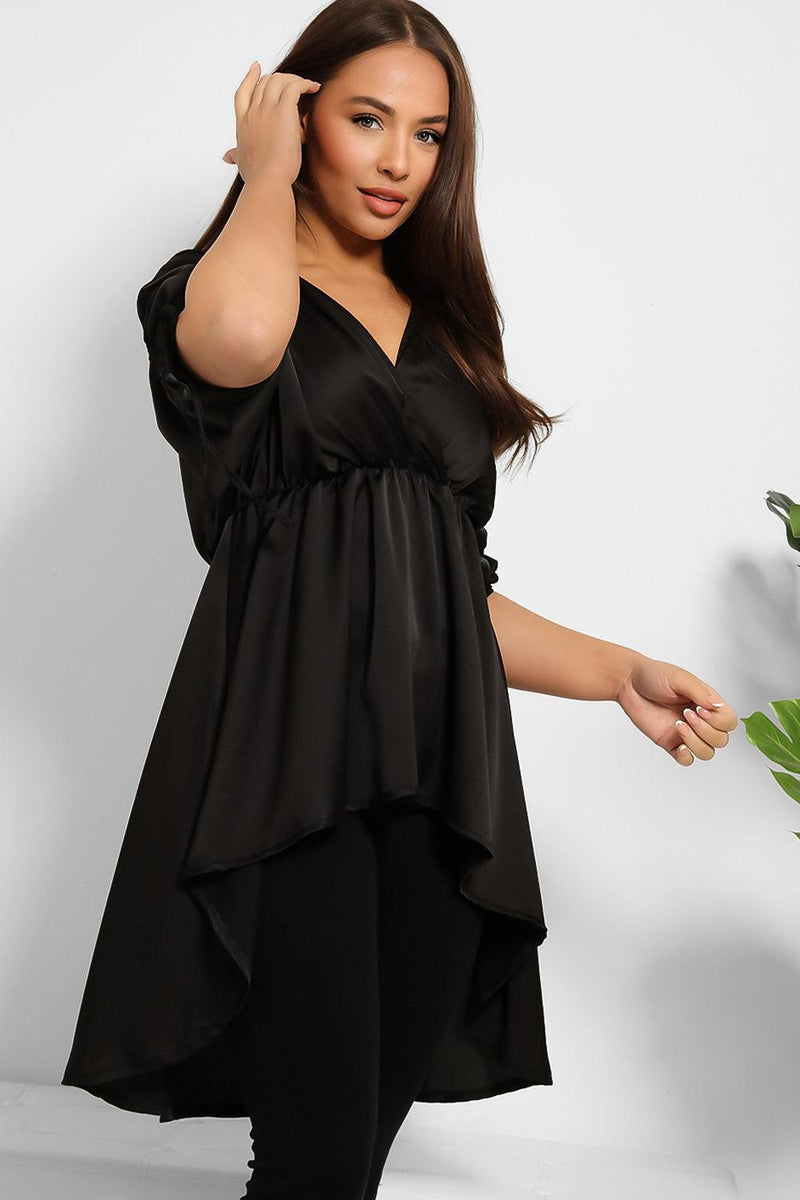 Drawstring Sleeves Hi Low Satin Tunic-SinglePrice