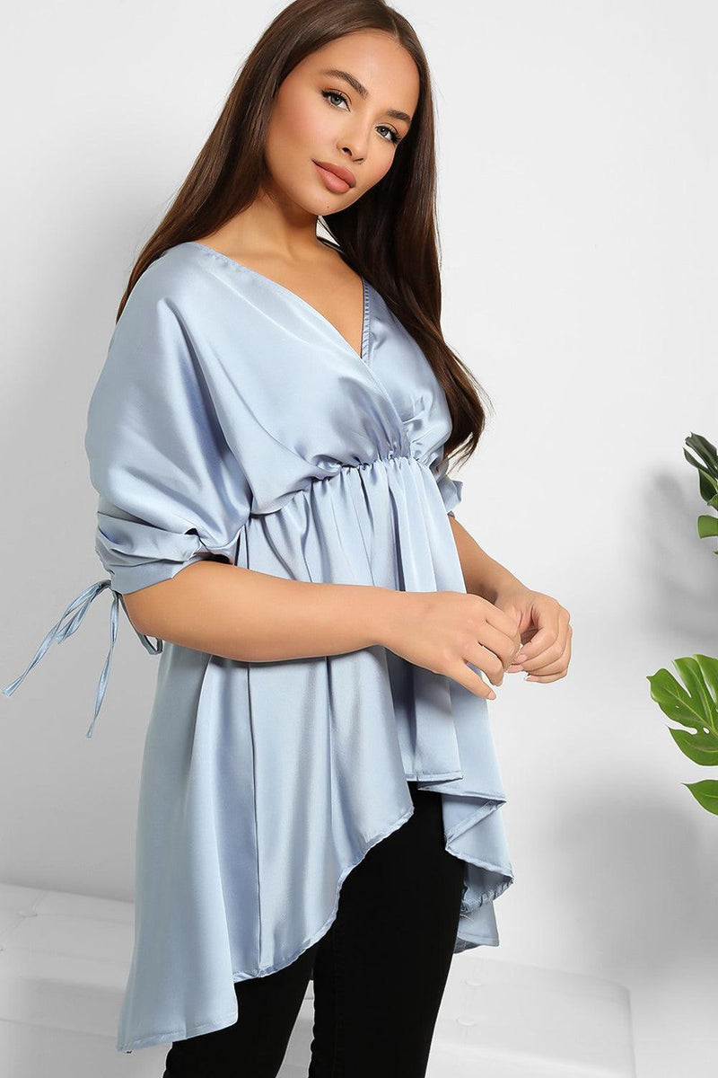 Drawstring Sleeves Hi Low Satin Tunic-SinglePrice