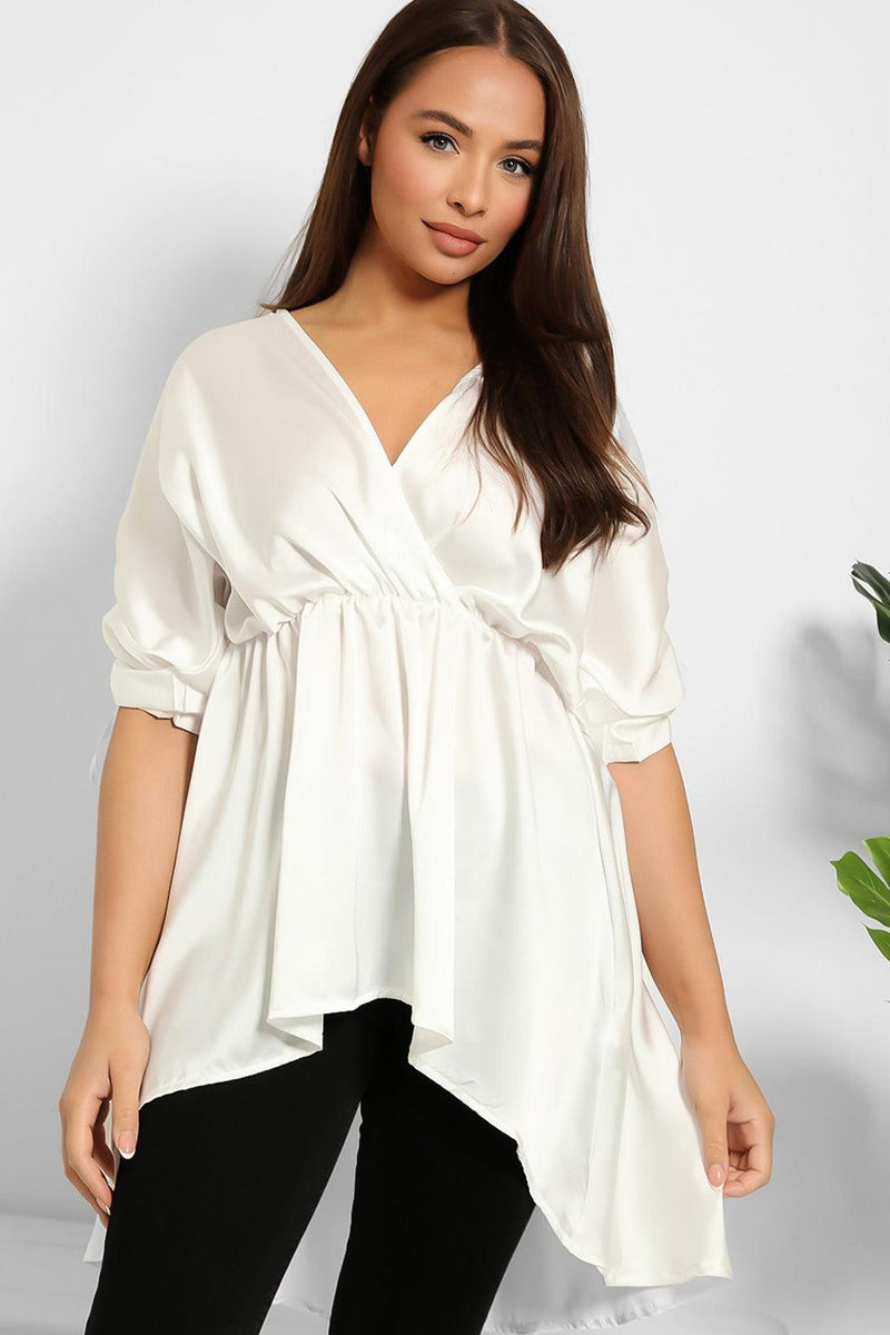 Drawstring Sleeves Hi Low Satin Tunic-SinglePrice