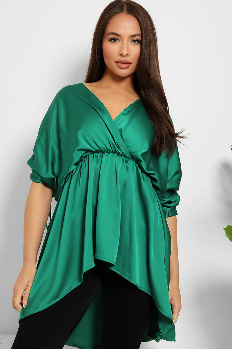 Drawstring Sleeves Hi Low Satin Tunic-SinglePrice