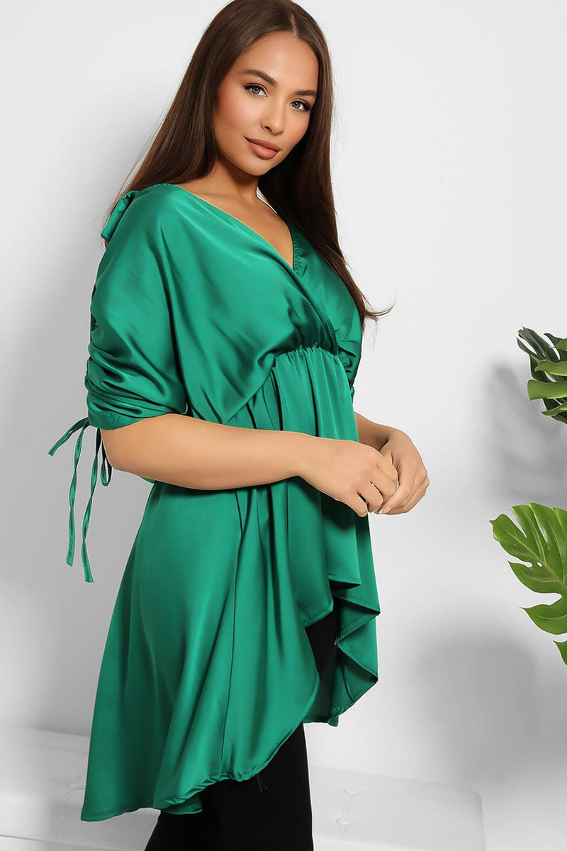 Drawstring Sleeves Hi Low Satin Tunic-SinglePrice