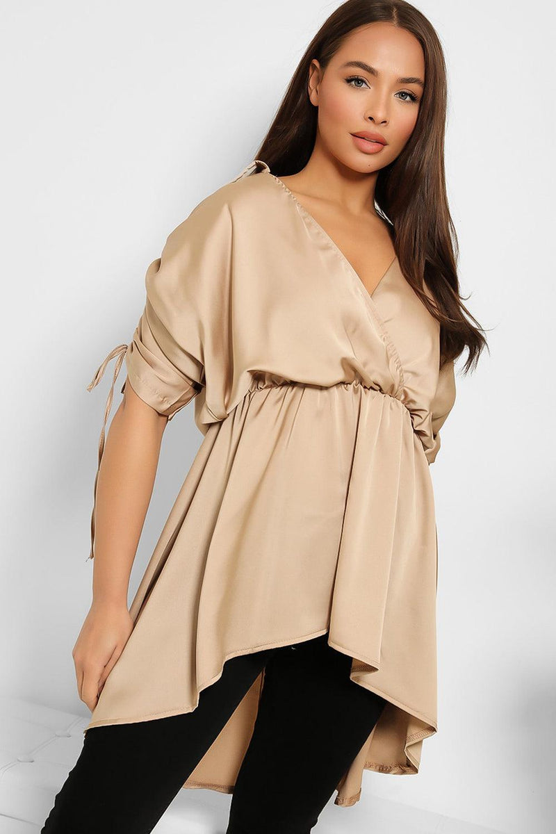 Drawstring Sleeves Hi Low Satin Tunic-SinglePrice