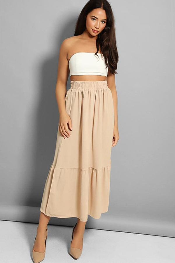 Beige Front Split Tiered Maxi Skirt - SinglePrice