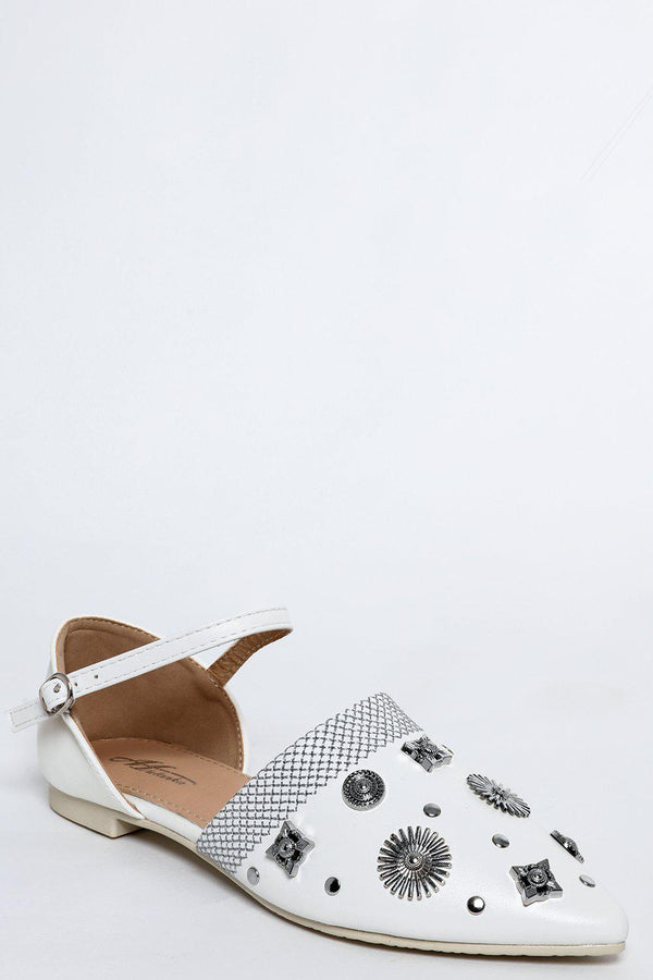 White Embellished Point Toe Flats - SinglePrice