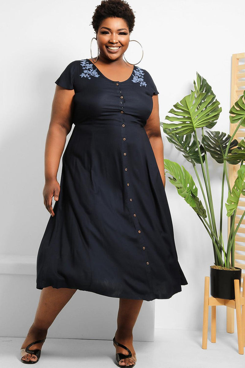 Embroidered Shoulders Navy Maxi Dress-SinglePrice