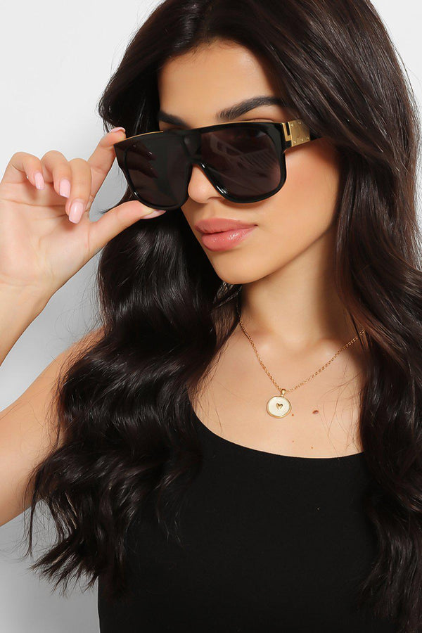 Black Gold Oversized Flat Top Sunglasses - SinglePrice