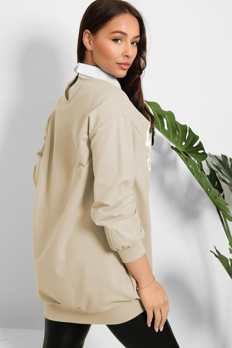 Shirt Collar Varsity Sweatshirt Dress-SinglePrice
