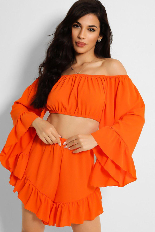 Orange Frill Trim Off Shoulder Crop Top Shorts Set-SinglePrice