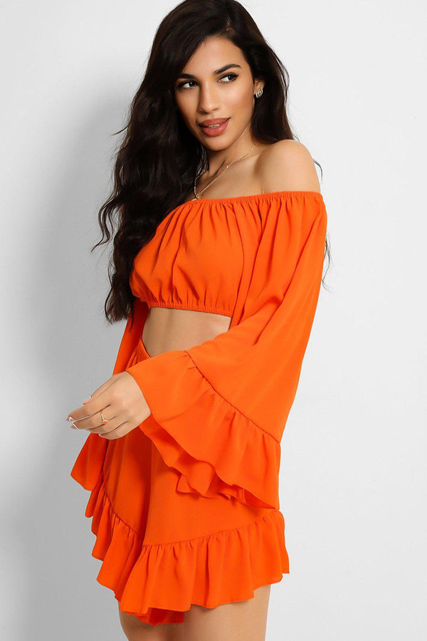 Orange Frill Trim Off Shoulder Crop Top Shorts Set-SinglePrice