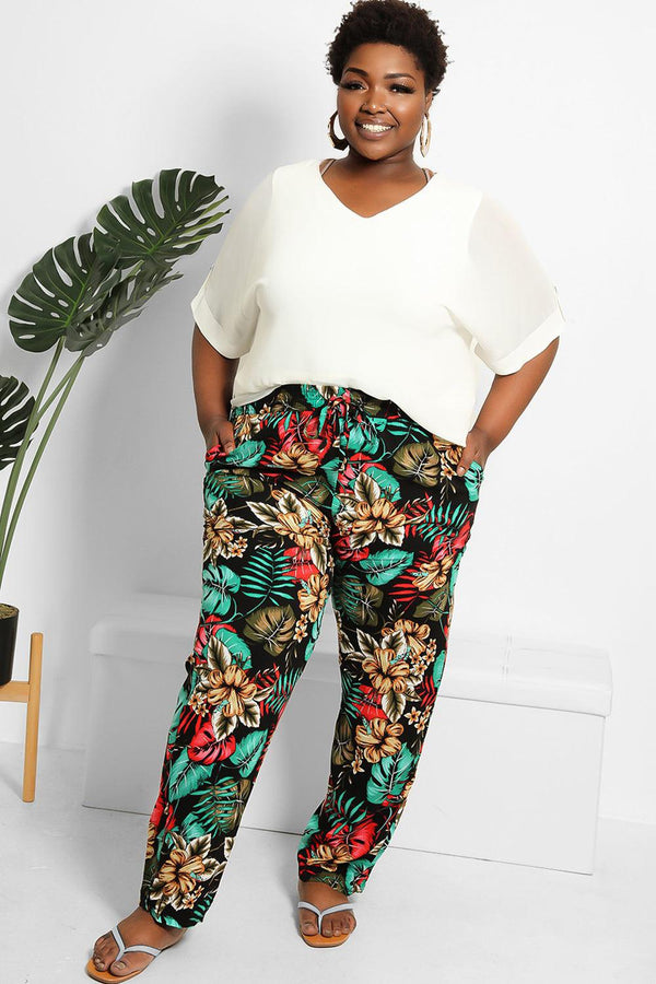 Tropical Floral Print Cotton Blend Trousers-SinglePrice