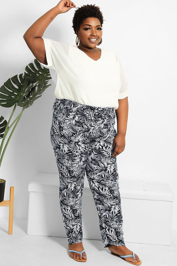 Tropical Leaves Print Lightweight Summer Trousers-SinglePrice