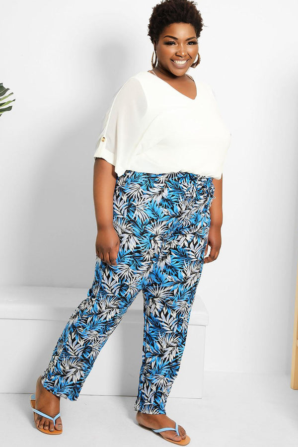 Tropical Leaves Print Lightweight Summer Trousers-SinglePrice