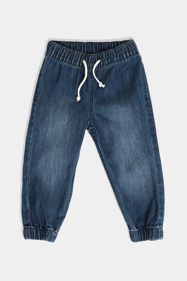 Denim Blue Drawstring Waist Back Pocket Kids Jeans - SinglePrice