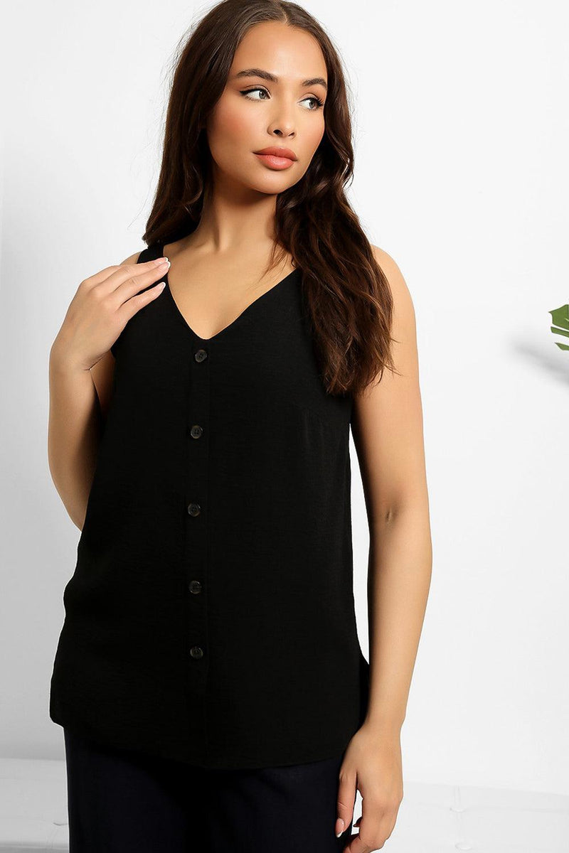 Faux Button Front Sleeveless Vest Top-SinglePrice