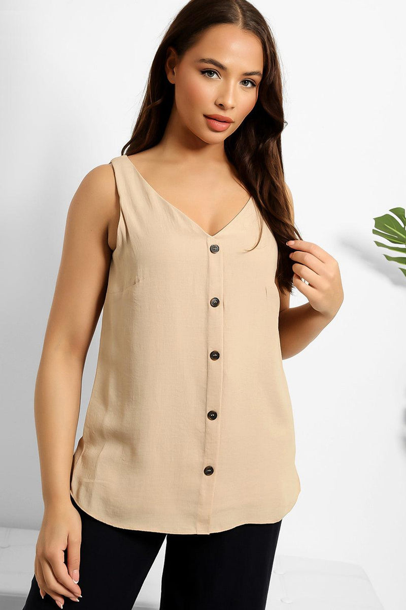 Faux Button Front Sleeveless Vest Top-SinglePrice