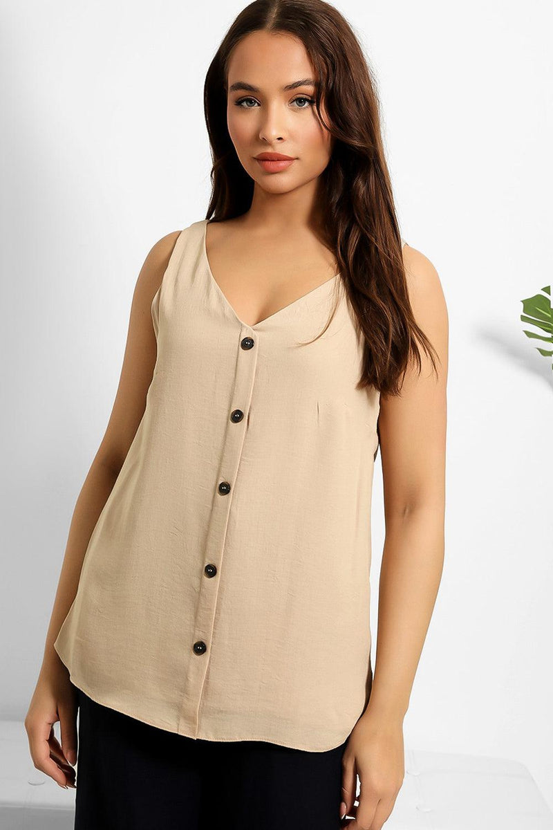 Faux Button Front Sleeveless Vest Top-SinglePrice