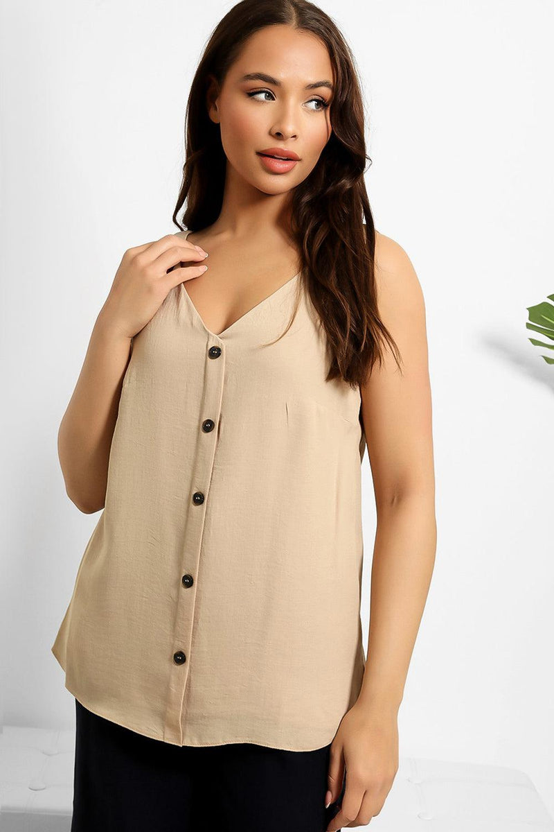 Faux Button Front Sleeveless Vest Top-SinglePrice