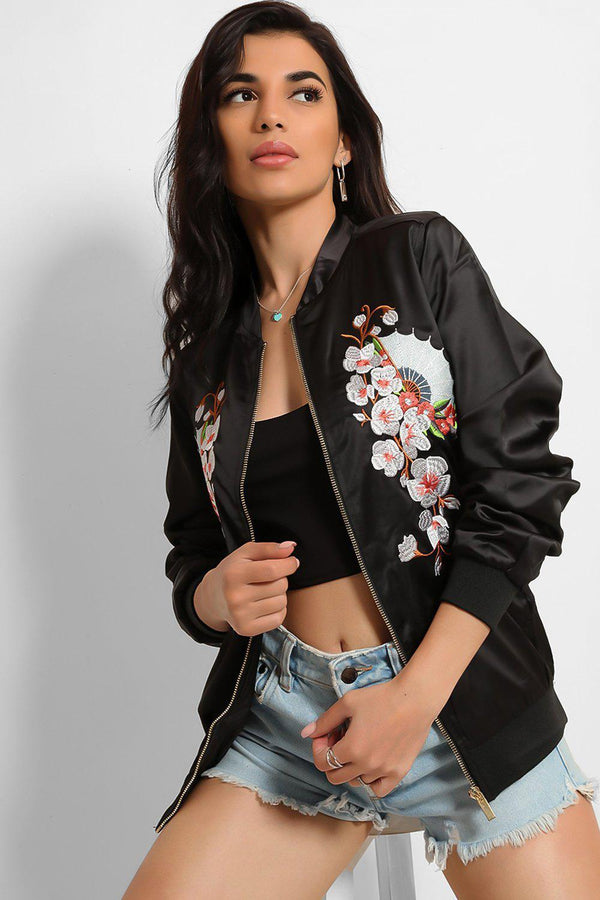 Black Floral And Butterfly Embroidery Bomber Jacket-SinglePrice