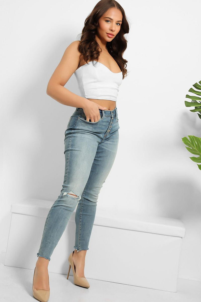 Dark Blue Buttoned Front Distressed Jeans-SinglePrice
