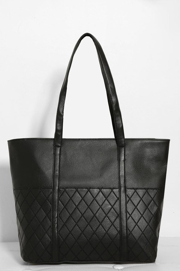 Black Quilted Front Large Tote Bag-SinglePrice