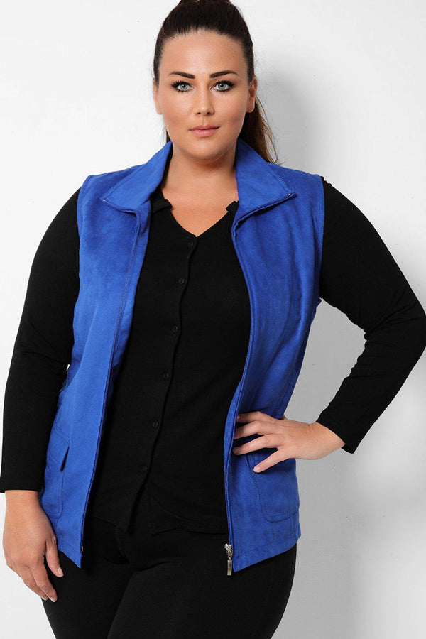 Blue Super-Soft Vegan Suede Beaded Pockets Gilet - SinglePrice