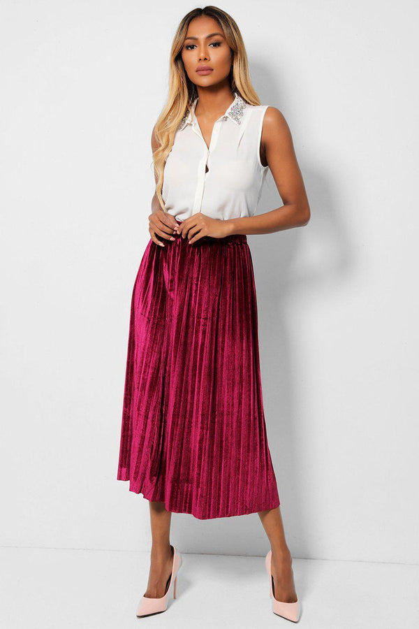 Wine Pleated Velour Midaxi Skirt-SinglePrice