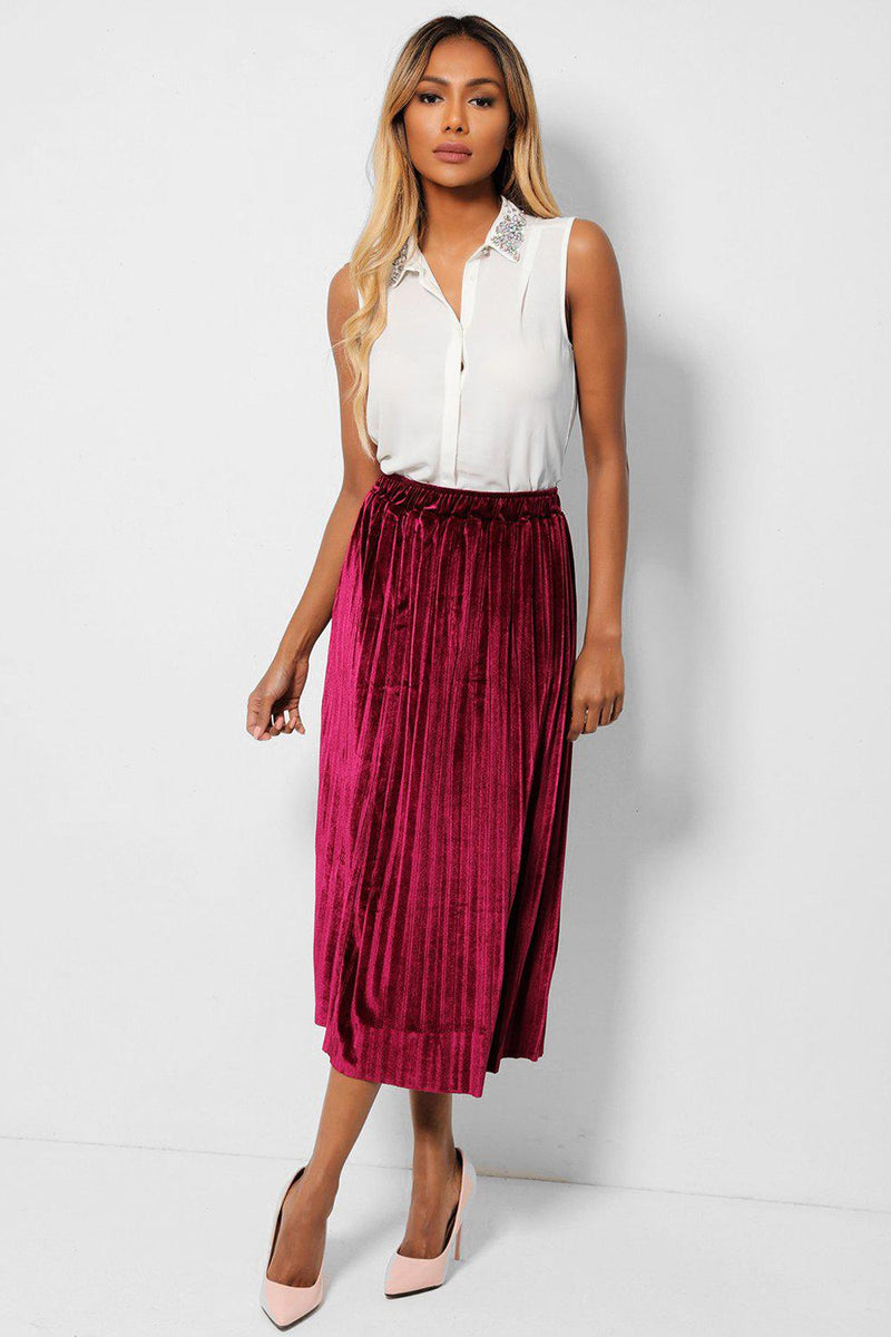 Wine Pleated Velour Midaxi Skirt - SinglePrice