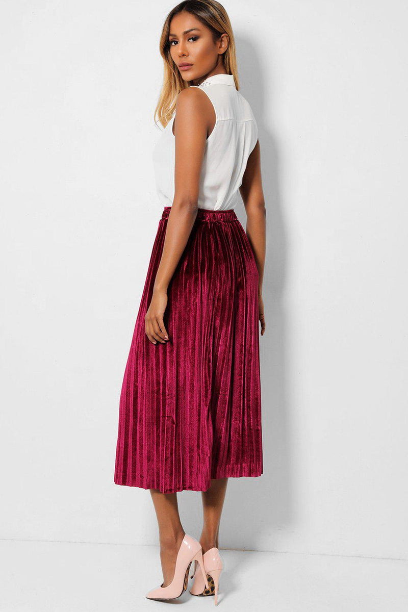 Wine Pleated Velour Midaxi Skirt - SinglePrice