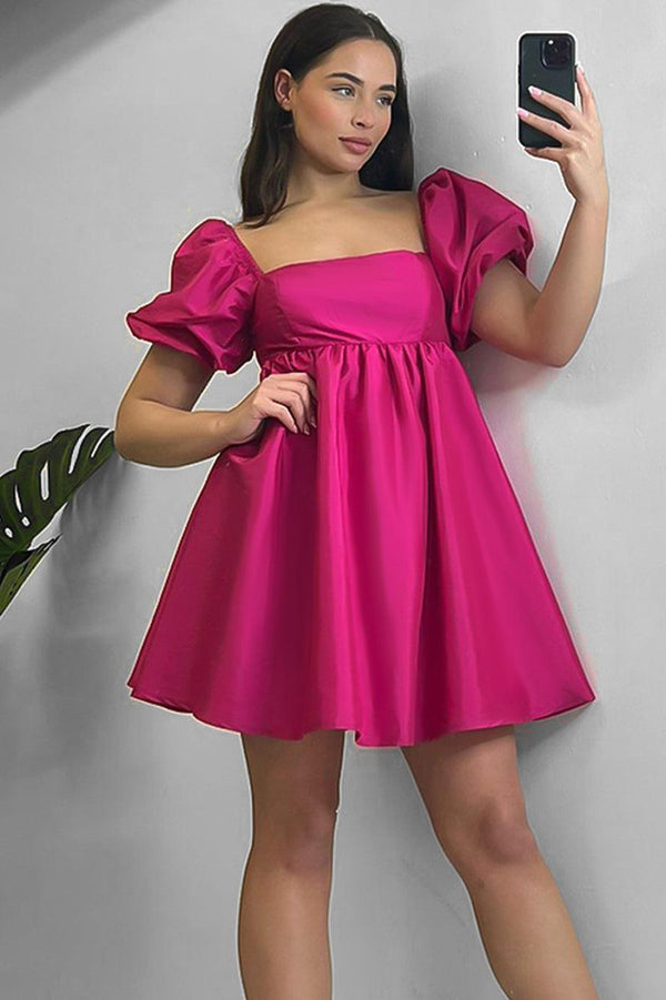 Hot Pink Crushed Satin Empire Waist Dress-SinglePrice
