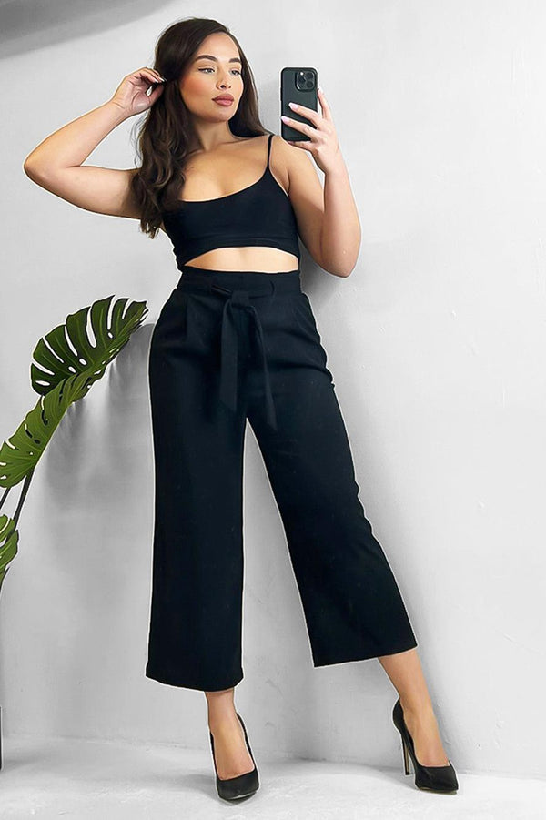 Black Cropped Wide Leg Trousers-SinglePrice