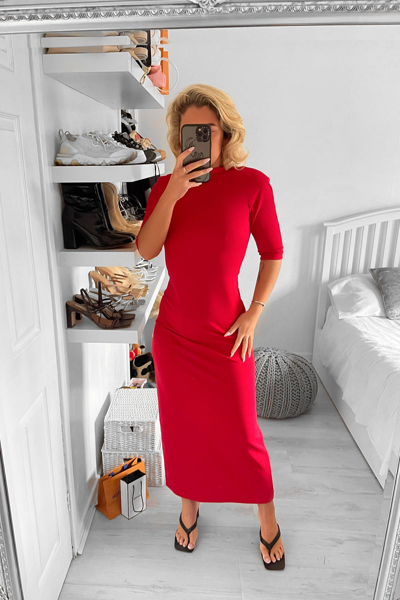 Side Split Leg High Neck Midi Dress-SinglePrice