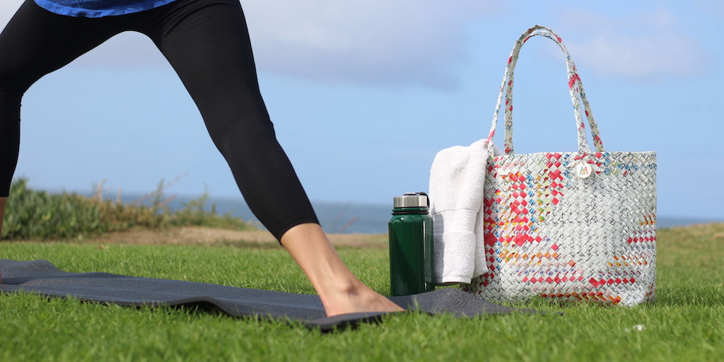 Warrior two yoga with bag