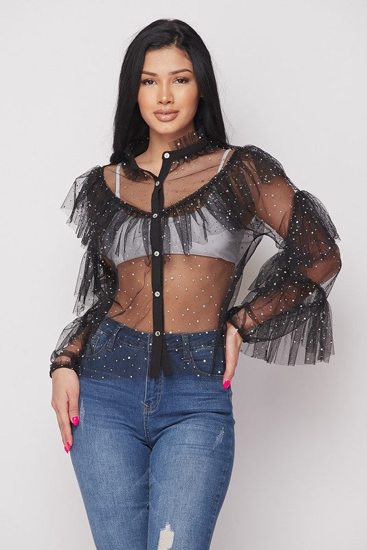 Ruffle Stone Mesh Loose Top