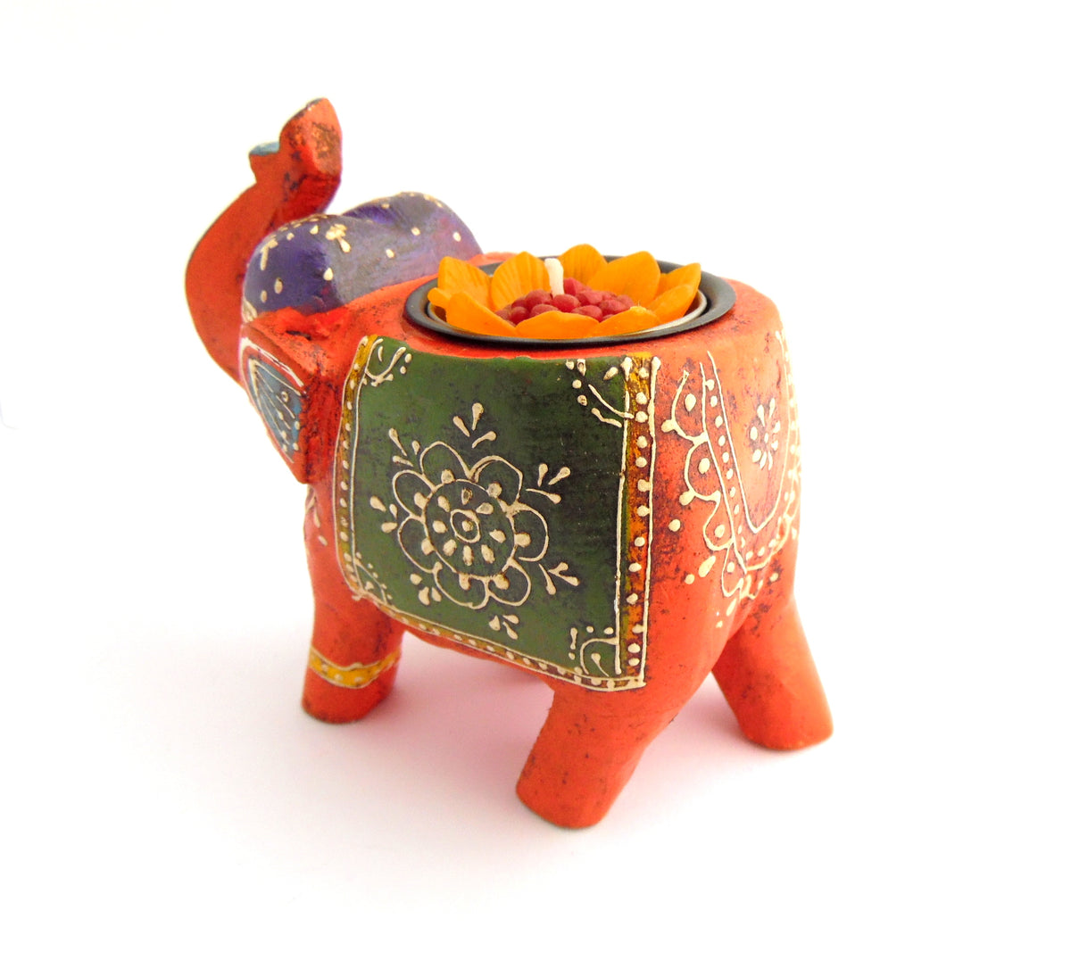 Wooden Handpainted Fairtrade Tea Light Included Elephant Tea Light Holder